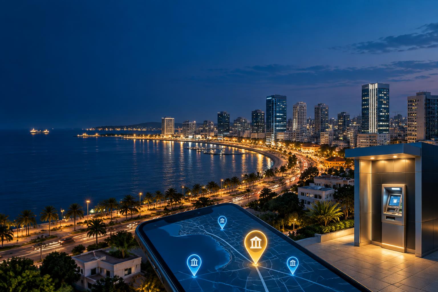 Vista de Luanda com um mapa digital e um ATM assinalado